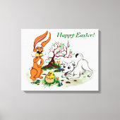Vrolijk Pasen. Welpe, Küken, Hase Canvas Afdruk (Voorkant)