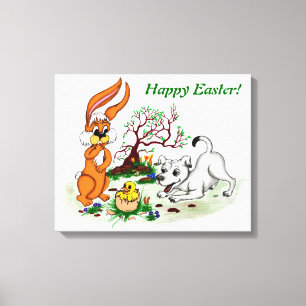 Vrolijk Pasen. Welpe, Küken, Hase Canvas Afdruk