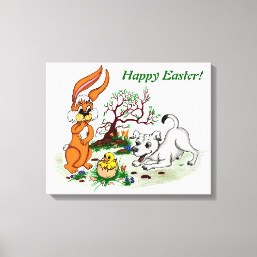 Vrolijk Pasen. Welpe, Küken, Hase Canvas Afdruk (Voorkant)