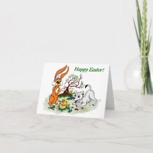Vrolijk Pasen. Welpe, Küken, Hase Feestdagen Kaart