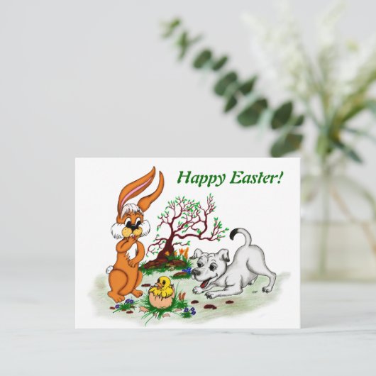 Vrolijk Pasen. Welpe, Küken, Hase Feestdagenkaart (Staand voorkant)
