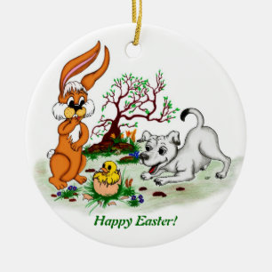 Vrolijk Pasen. Welpe, Küken, Hase Keramisch Ornament