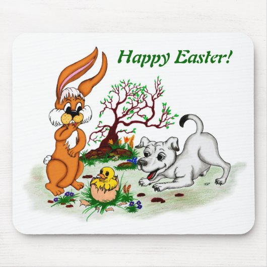 Vrolijk Pasen. Welpe, Küken, Hase Muismat (Voorkant)