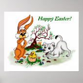 Vrolijk Pasen. Welpe, Küken, Hase Poster (Voorkant)