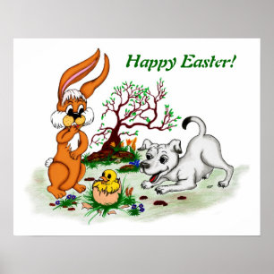 Vrolijk Pasen. Welpe, Küken, Hase Poster