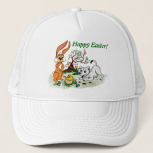 Vrolijk Pasen. Welpe, Küken, Hase Trucker Pet