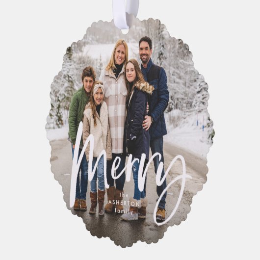 Vrolijk penseelscript twee foto rode kerst ornament kaart (Links)