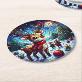 Vrolijk rendier in het winterwonderland met vriend ronde kartonnen onderzetter (Gebogen)