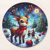 Vrolijk rendier in het winterwonderland met vriend ronde kartonnen onderzetter (Voorkant)