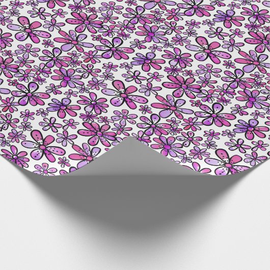 Vrolijk Retro Bloemenpatroon met Roze en Paarse Cadeaupapier (Hoek)