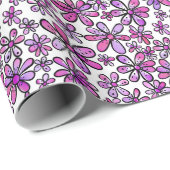 Vrolijk Retro Bloemenpatroon met Roze en Paarse Cadeaupapier (Rol Hoek)
