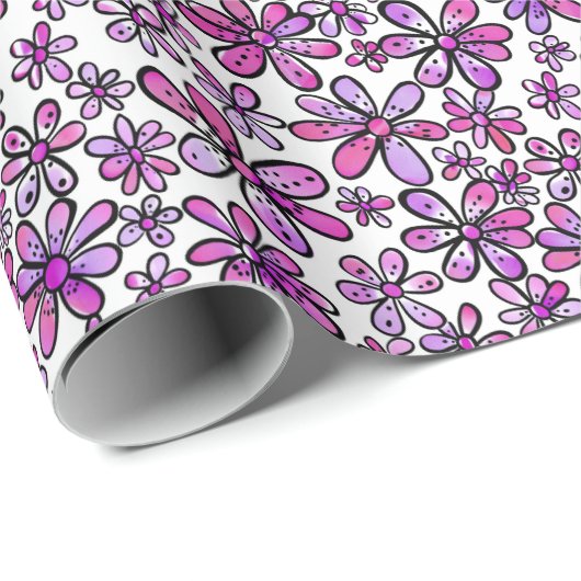 Vrolijk Retro Bloemenpatroon met Roze en Paarse Cadeaupapier (Rol Hoek)