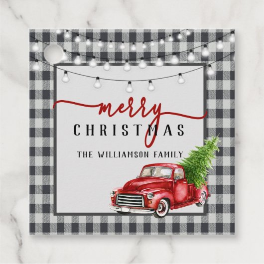 Vrolijk  Rode Vrachtwagen en Boom Kerstcadeau Bedankjes Labels (Voorkant)