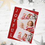 Vrolijk rood 3 Familie Fotocollage Modern Kerstmis Feestdagenkaart<br><div class="desc">Modern rood kerstfotocollage briefkaart met 3 kinder foto's in een leuk overlappend momentopnamepatroon met witte rand en het woord Joyful verticaal langs de zijkant geschreven. Vind uw drie favoriete afbeeldingen voor deze leuke familie vakantie briefkaarten.</div>