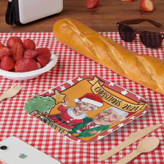 Vrolijk rood en goud karikatuur paar papieren bordje (Picknick)