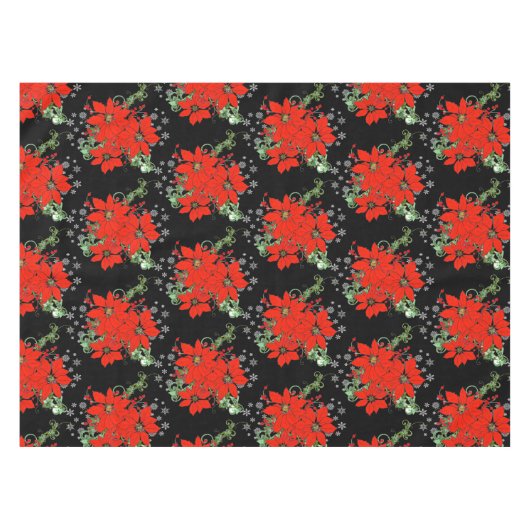 Vrolijk rood Kerstmis Poinsettia Vakantie Zwart Tafelkleed (Voorkant (Horizontaal))