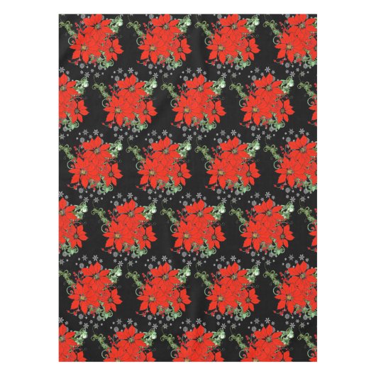 Vrolijk rood Kerstmis Poinsettia Vakantie Zwart Tafelkleed (Voorkant)