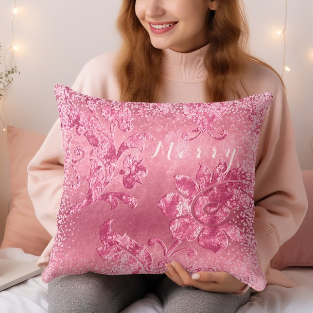 Vrolijk /  Roze Bloemen Fluweel Kerstmis Kussen (Merry  Vintage Pink Floral Velvet Christmas Throw Pillow)