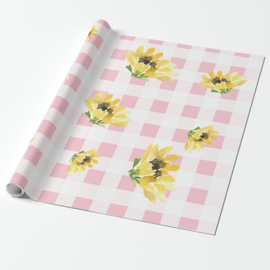 Vrolijk roze Gingham Zonnebloem Baby shower Cadeaupapier (Uitgerold)