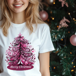 Vrolijk roze kerstart nouveau grillige boom t-shirt