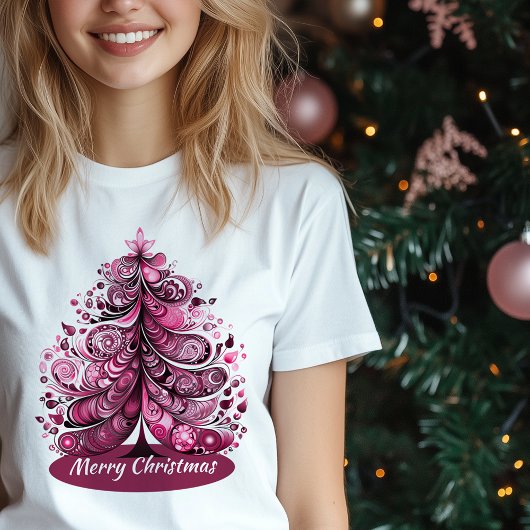 Vrolijk roze kerstart nouveau grillige boom t-shirt