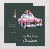 Vrolijk Roze Kerstauto retro waterverf Feestdagenkaart (Voorkant / Achterkant)