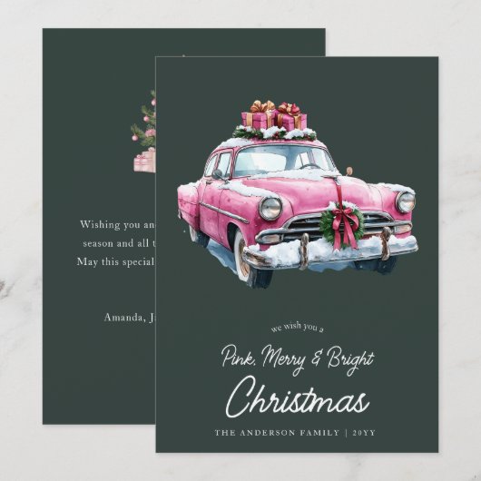 Vrolijk Roze Kerstauto retro waterverf Feestdagenkaart (Voorkant / Achterkant)