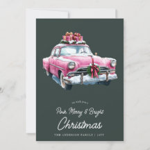 Vrolijk Roze Kerstauto retro waterverf