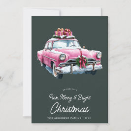 Vrolijk Roze Kerstauto retro waterverf Feestdagenkaart