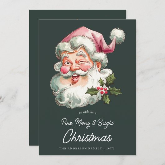 Vrolijk Roze Kerstman retro waterverf Feestdagenkaart (Voorkant / Achterkant)