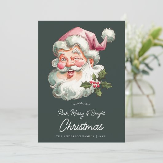 Vrolijk Roze Kerstman retro waterverf Feestdagenkaart (Staand voorkant)