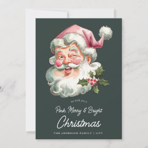 Vrolijk Roze Kerstman retro waterverf Feestdagenkaart