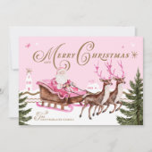 Vrolijk Roze Kerstmis Santa Seligh Reindeer Foto Feestdagenkaart (Voorkant)