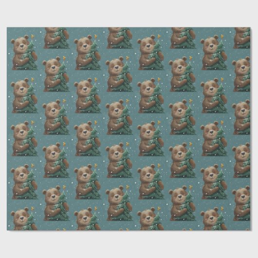 Vrolijk Schattige Beer knuffelen kerstboom Cadeaupapier (Vlak)