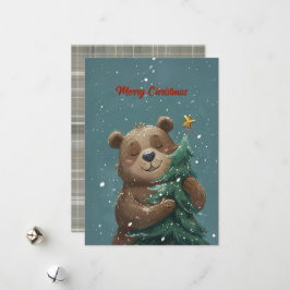 Vrolijk Schattige Beer knuffelen kerstboom Feestdagenkaart