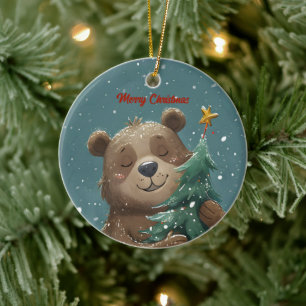 Vrolijk Schattige Beer knuffelen kerstboom Keramisch Ornament