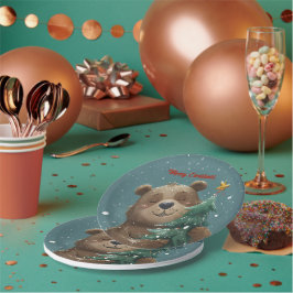 Vrolijk Schattige Beer knuffelen kerstboom Papieren Bordje