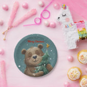 Vrolijk Schattige Beer knuffelen kerstboom Papieren Bordje (Feest)