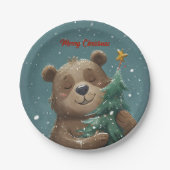 Vrolijk Schattige Beer knuffelen kerstboom Papieren Bordje (Voorkant)