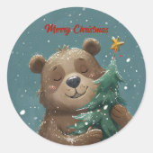 Vrolijk Schattige Beer knuffelen kerstboom Ronde Sticker (Voorkant)