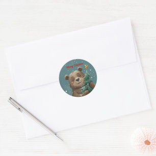 Vrolijk Schattige Beer knuffelen kerstboom Ronde Sticker