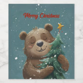 Vrolijk Schattige Beer knuffelen kerstboom Wijn Etiket (Enkel label)