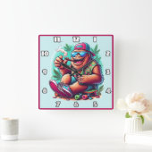 Vrolijk schepsel viert buiten vierkante klok (Huis)