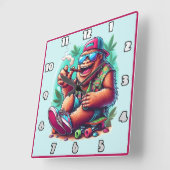 Vrolijk schepsel viert buiten vierkante klok (Hoek)