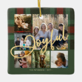 Vrolijk script familie foto collage plaid kerst keramisch ornament (Voorkant)
