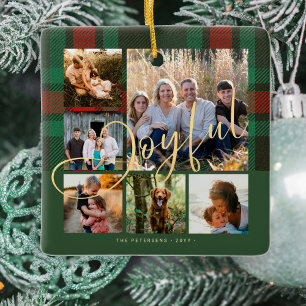 Vrolijk script familie foto collage plaid kerst keramisch ornament