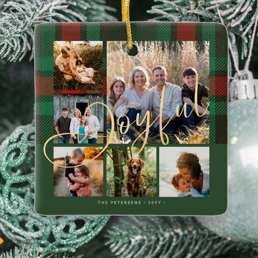 Vrolijk script familie foto collage plaid kerst keramisch ornament