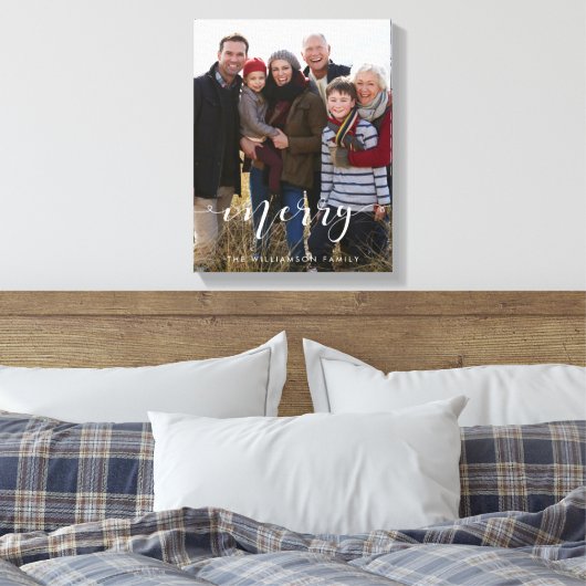 Vrolijk Script Familie Foto Kerst Keepsake Canvas Afdruk (Insitu (Slaapkamer))