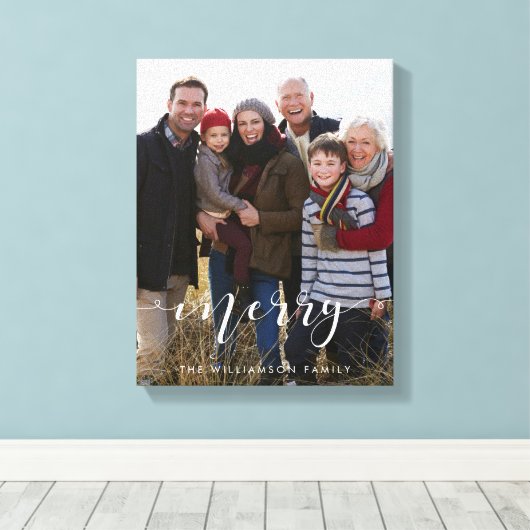 Vrolijk Script Familie Foto Kerst Keepsake Canvas Afdruk (Insitu (Houten vloer))