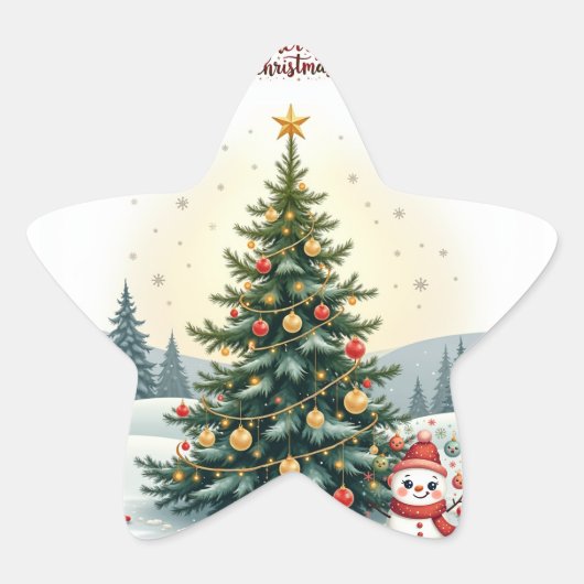 Vrolijk Sneeuw Waterverf Kerstboom Cadeaus Ster Sticker (Voorkant)